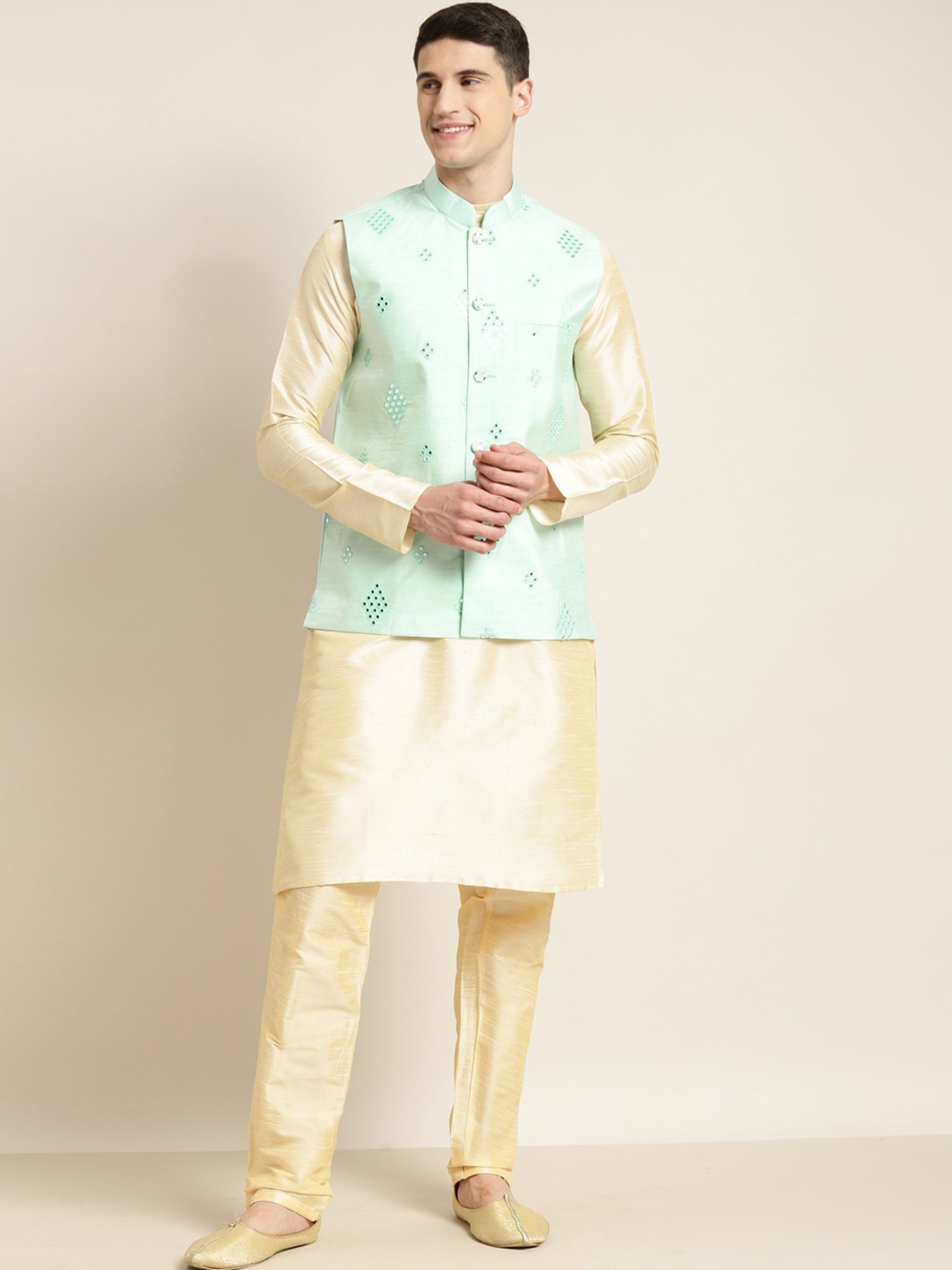 Sojanya Green Regular Fit Self Pattern Nehru Jacket