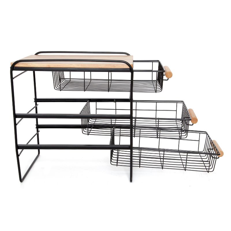 Origami Wood Top Steel Kitchen Organizer 3 Tier Basket Sliding Drawer, Black