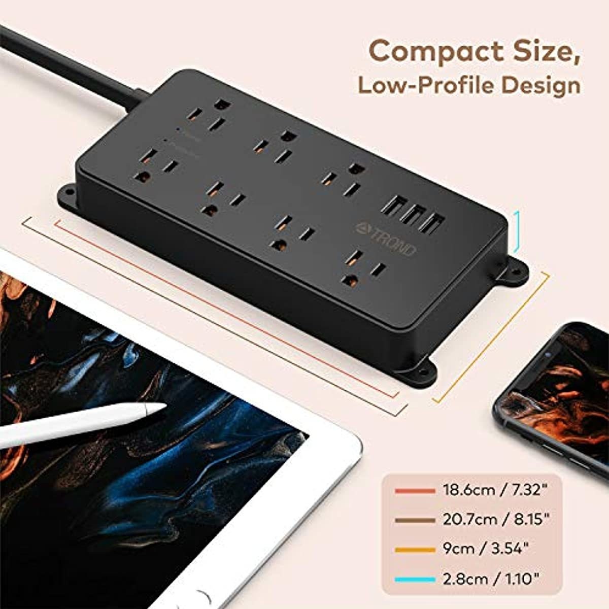 Surge Protector Power Strip, ETL Listed, TROND 7 Widely-Spaced Outlets Expansion with 3 USB Ports, Low-Profile Flat Plug, 1700 Joules, 5ft Extension Cord, Wall Mountable, 14AWG Heavy Duty, Black