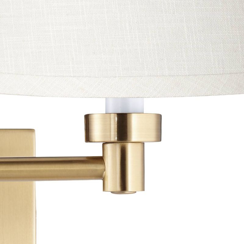 Barnes and Ivy Modern Swing Arm Wall Lamp Warm Antique Brass Plug-In Light Fixture White Linen Drum Shade Bedroom Bedside Reading