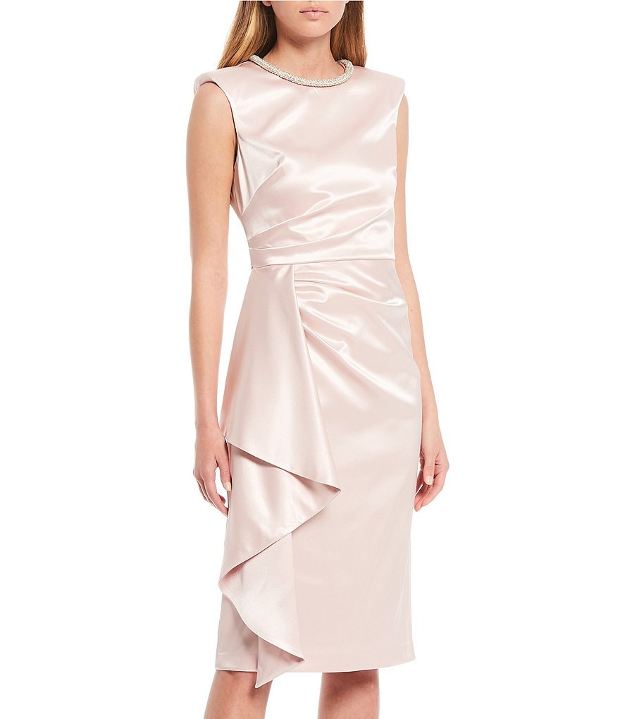 Eliza J Beaded Neck Satin Draped Midi Sheath Dress