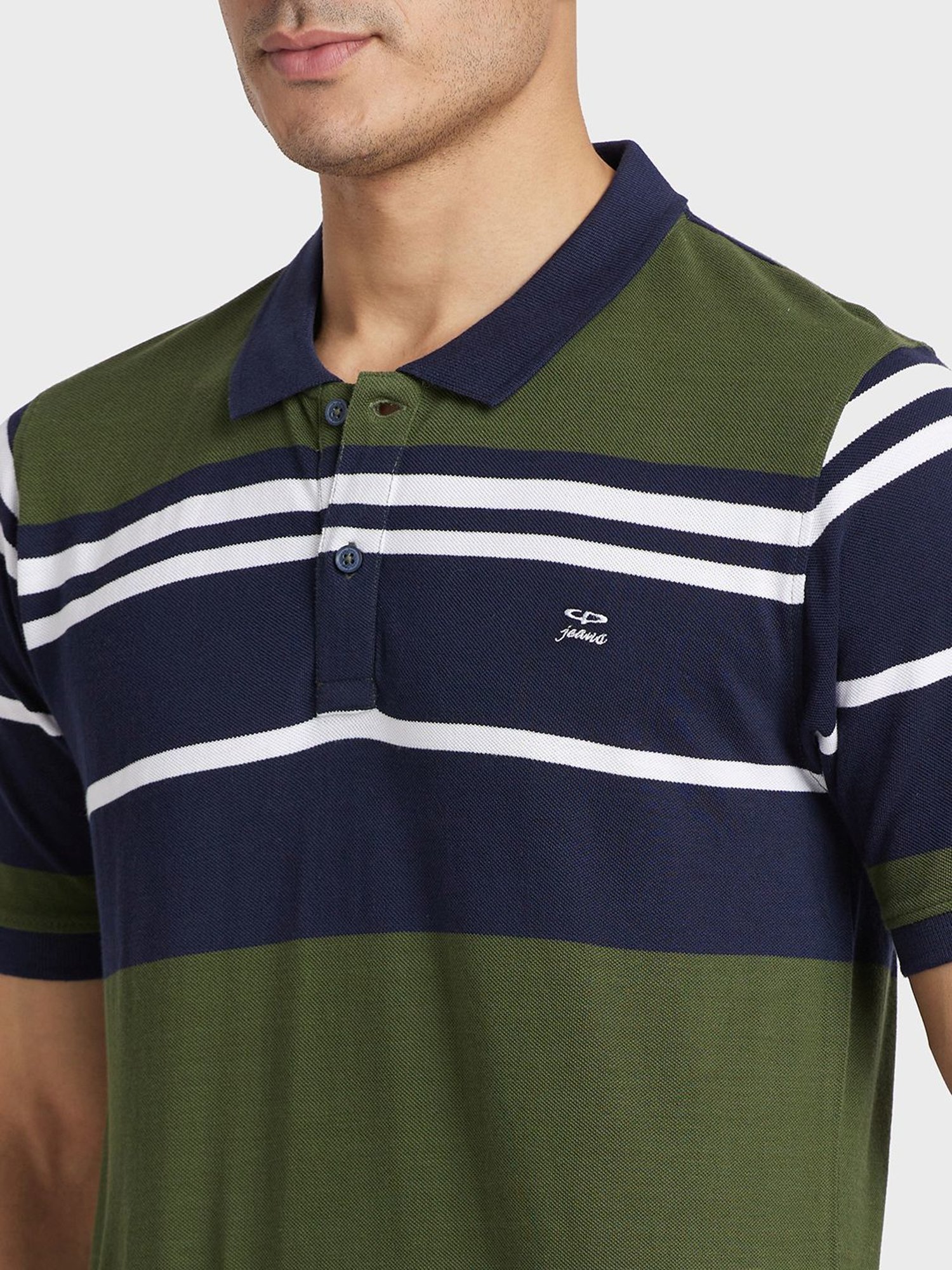 Colorplus Green & Blue Cotton Tailored Fit Striped Polo T-Shirt