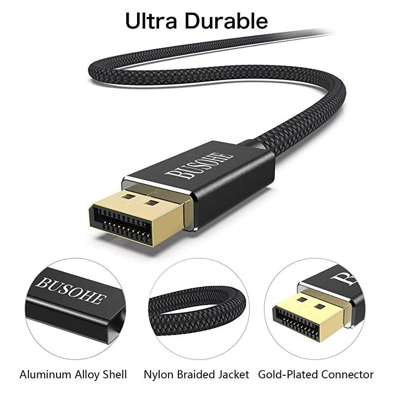 8K DisplayPort 14 Cable 6 Feet  Braided DisplayPort to DisplayPort Cable DP 14 Cable with 8K 60Hz 4K 144Hz and HBR3 Black