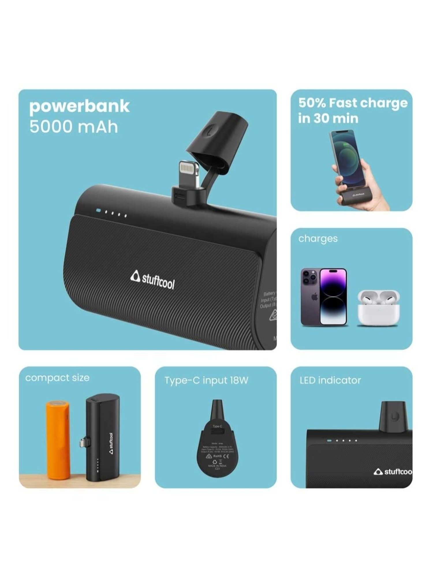 Stuffcool Snap 5000mAh Super Compact Lightning Power Bank with 20W PD Output (Black)