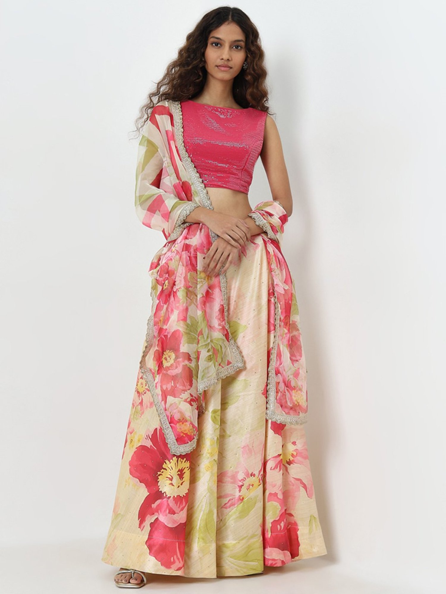 Vark by Westside Pink Embellished Top, Skirt and Dupatta Set