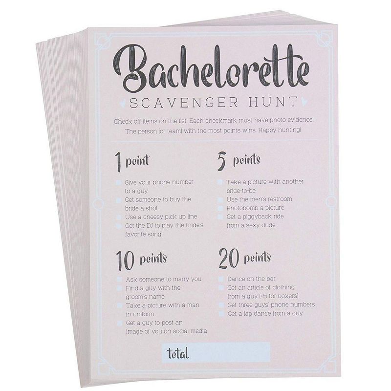 Bachelorette Party Game, 50-Pack Bar Scavenger Hunt Drinking Games and Dares, Fun Novelty Cards for Adults, Girls Night Out, Bridal Shower