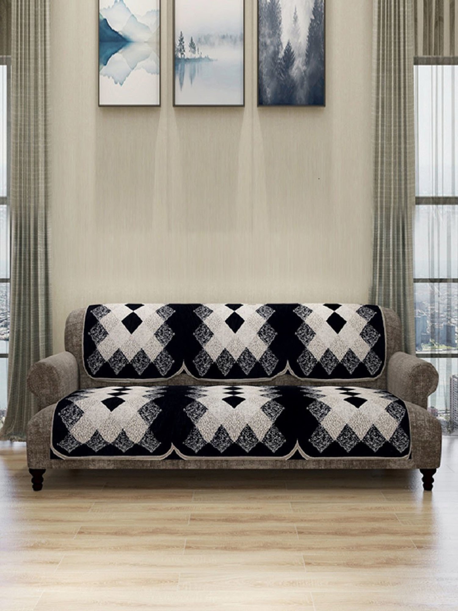 Romee Black Polyester Printed Sofa Covers