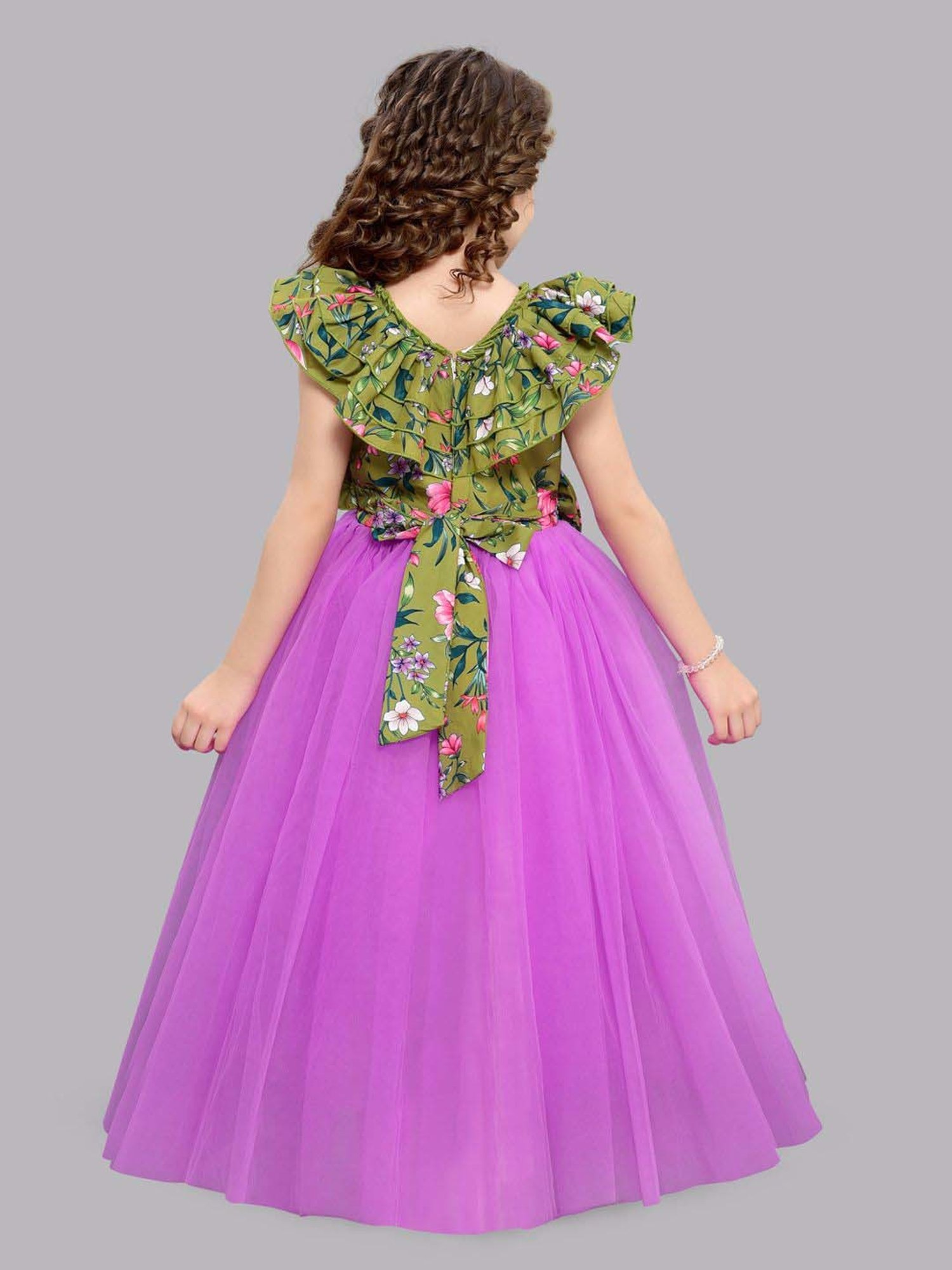 Pink Chick Kids Green & Pink Floral Party Gowns