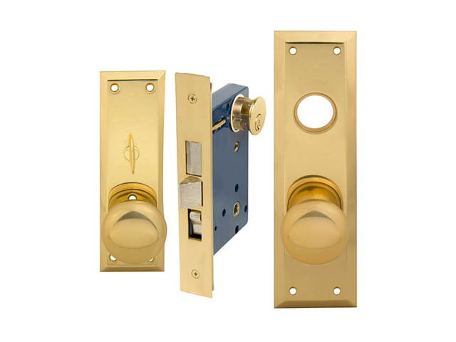 Em-D-Kay (Marks 91A/3-X Like) 5100XR, Polished Brass, Right Hand, Wide Face Plate, Heavy Duty Mortise Entry Lockset, Surface Mounted Screw-on Knobs Lock Set