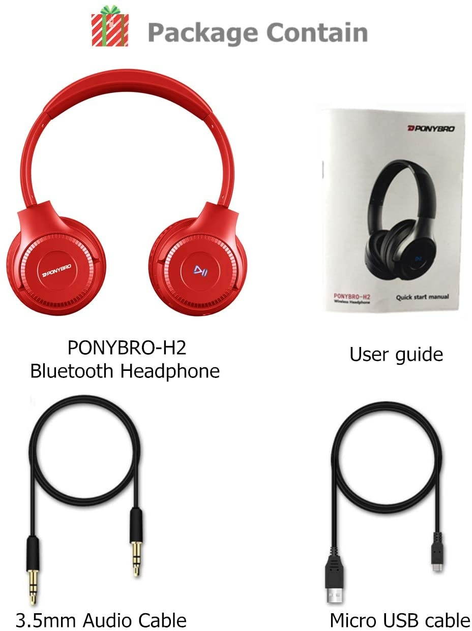 H2 Bluetooth Headphones Over EarDual 50mm Drivers HiFi Stereo Wireless Headphones Noise Cancelling Wireless Over Ear Headset with Mic and WiredTF Card Mode for Cell Phones/PC/TV - Red