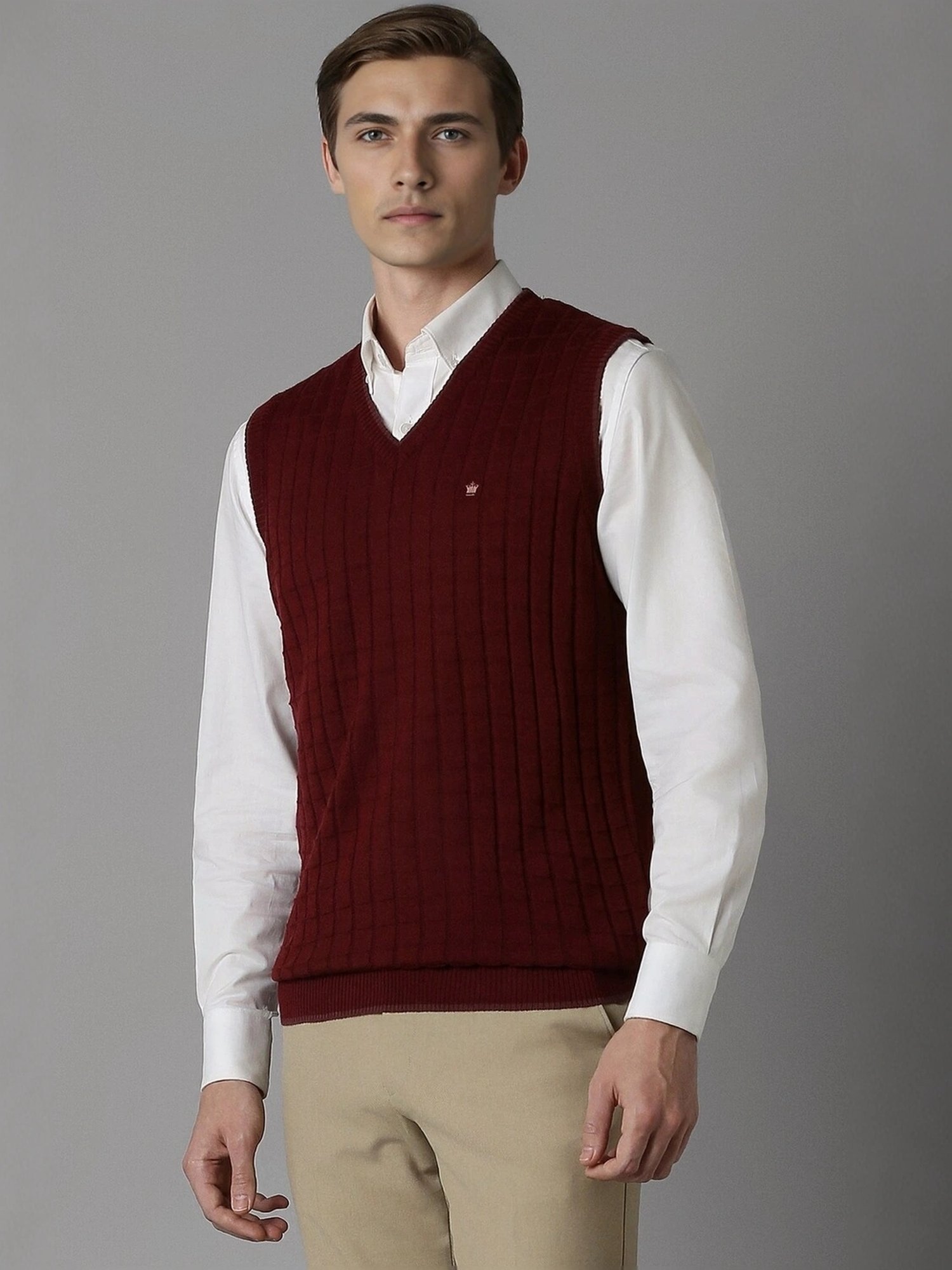 Louis Philippe Maroon Regular Fit Checks Sweater