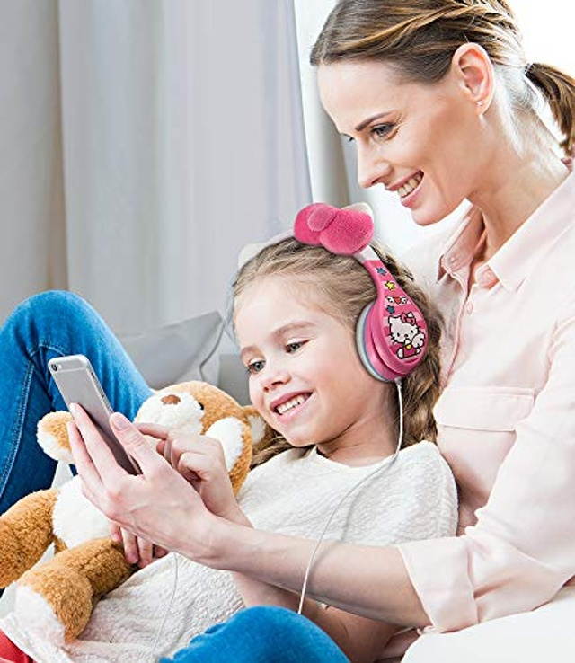 eKids Hello Kitty Headphones for Kids, Adjustable Headband, Stereo Sound, 3.5mm Jack, Wired Headphones with Volume Control, Designed for Fans of Hello Kitty Gifts