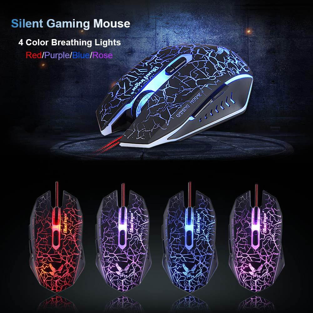 BlueFinger Mechanical Feeling Gaming Keyboard,Gaming Mouse and Mouse Pad Combo,USB Wired Keyboard,114 Keys Letters Glow,3 Color Blue/Red/Purple Backlit Crack Pattern,Keyboard Bundle for Computer Gamer