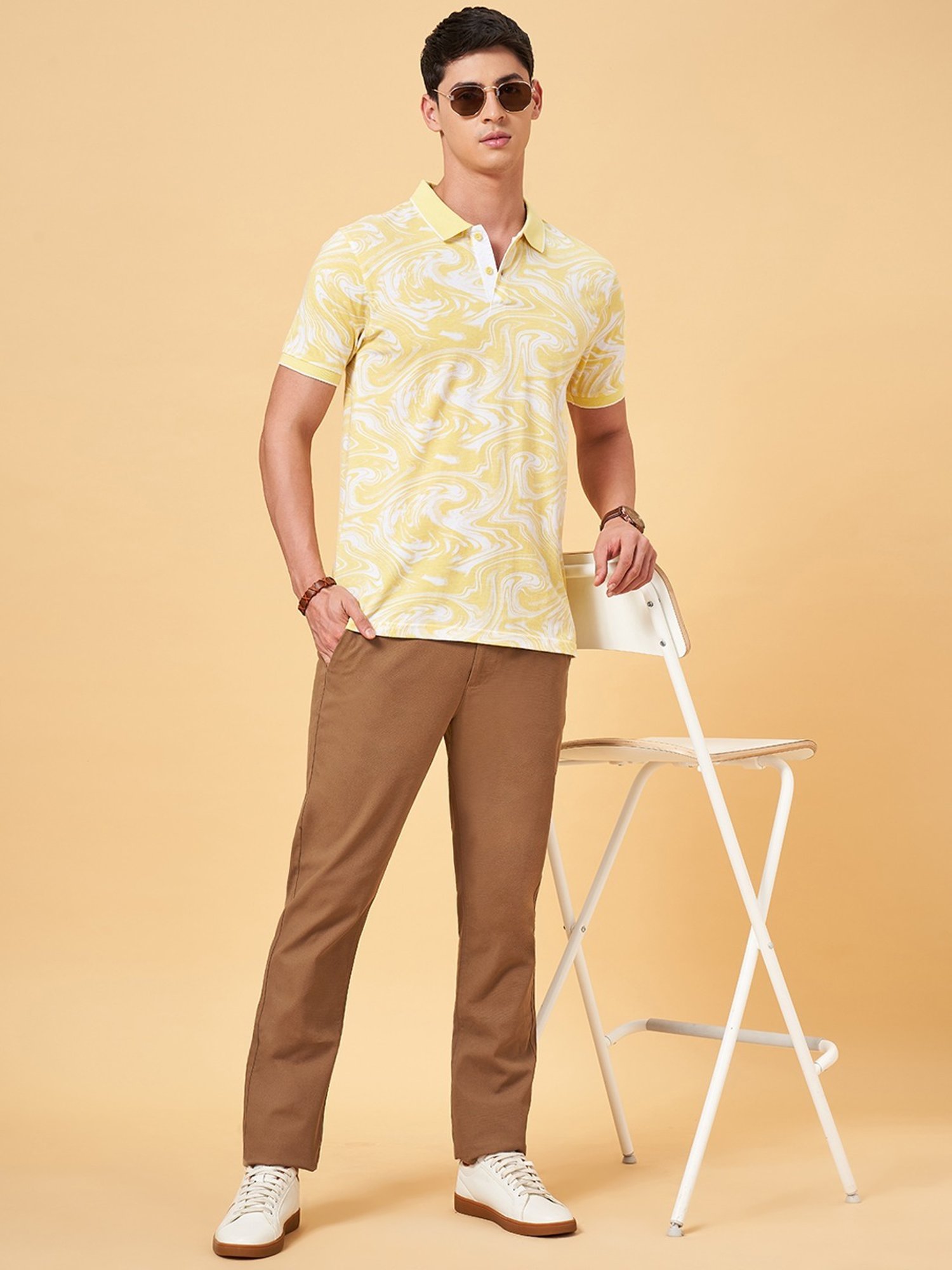 Byford By Pantaloons Yellow Slim Fit Printed Polo T-Shirt