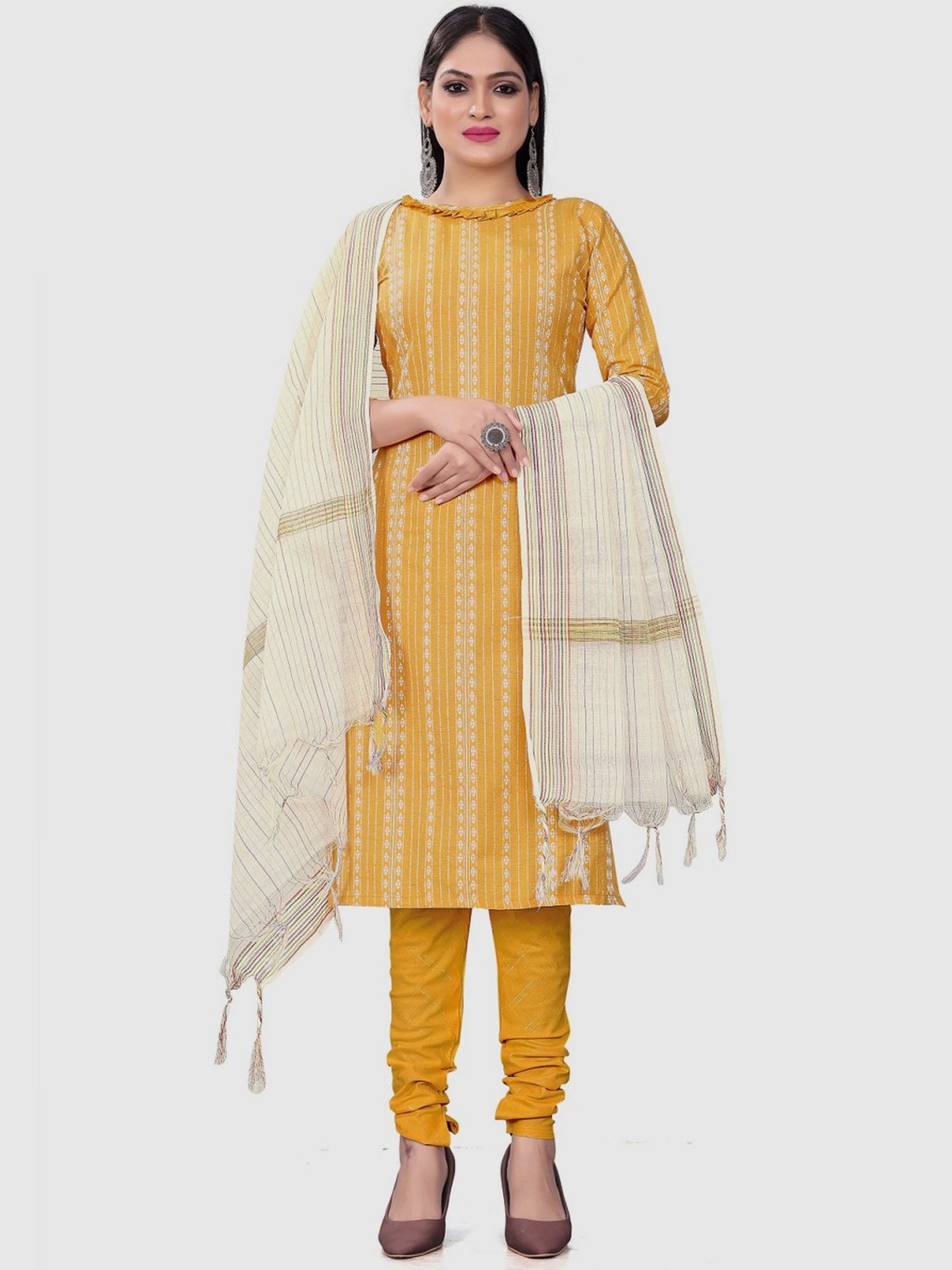 APNISHA Yellow Cotton Printed Unstitched Dress Material