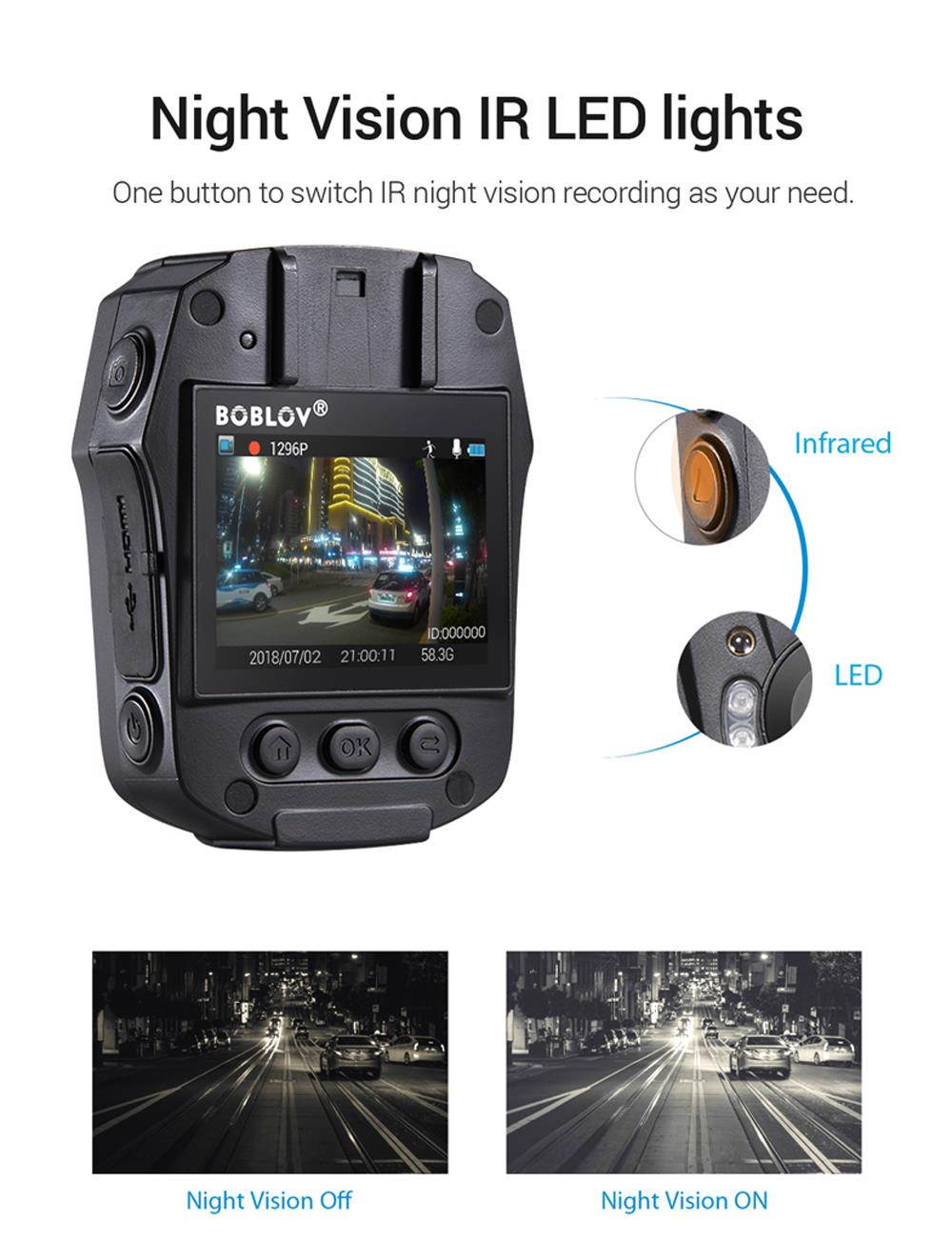 Boblov HD 1296P Body Worn Camera 64GB Police Security IR Night Vision 32MP Video
