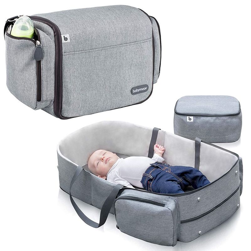Babymoov A043603 3 in 1 Newborn Travelnest Comfy Secure Bassinet and Versatile Portable Diaper Bag with Large Storage Capacity and Carry Strap, Gray