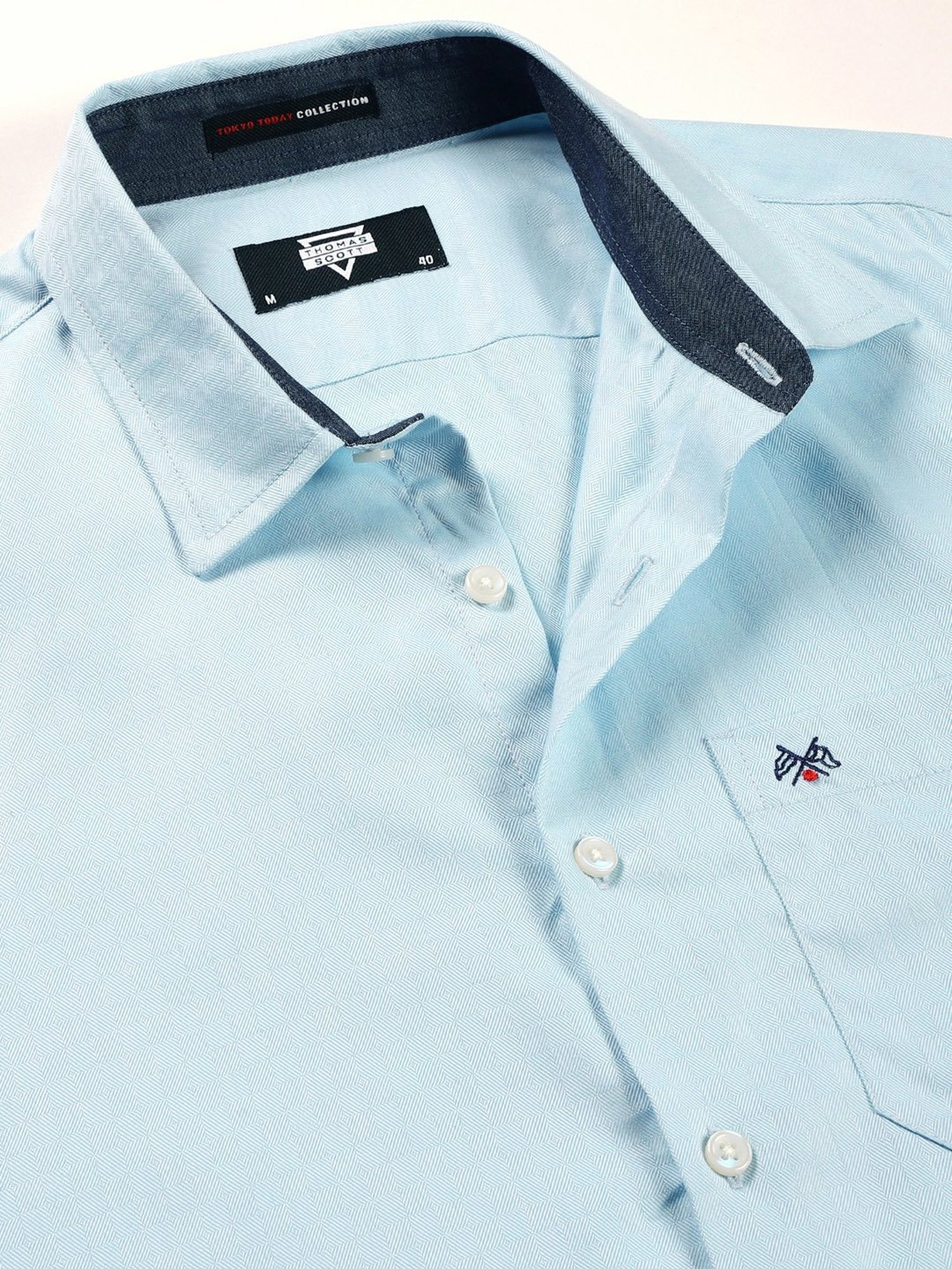 Thomas Scott Ice Blue Slim Fit Self Design Cotton Shirt