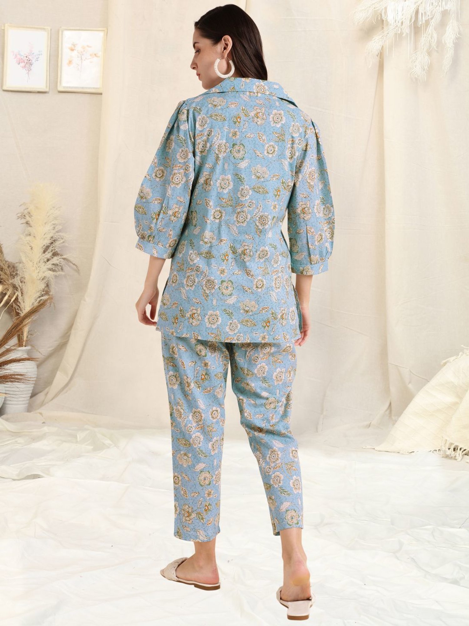 MIRCHI FASHION Sky Blue Cotton Printed Top Pant Set With Jacket