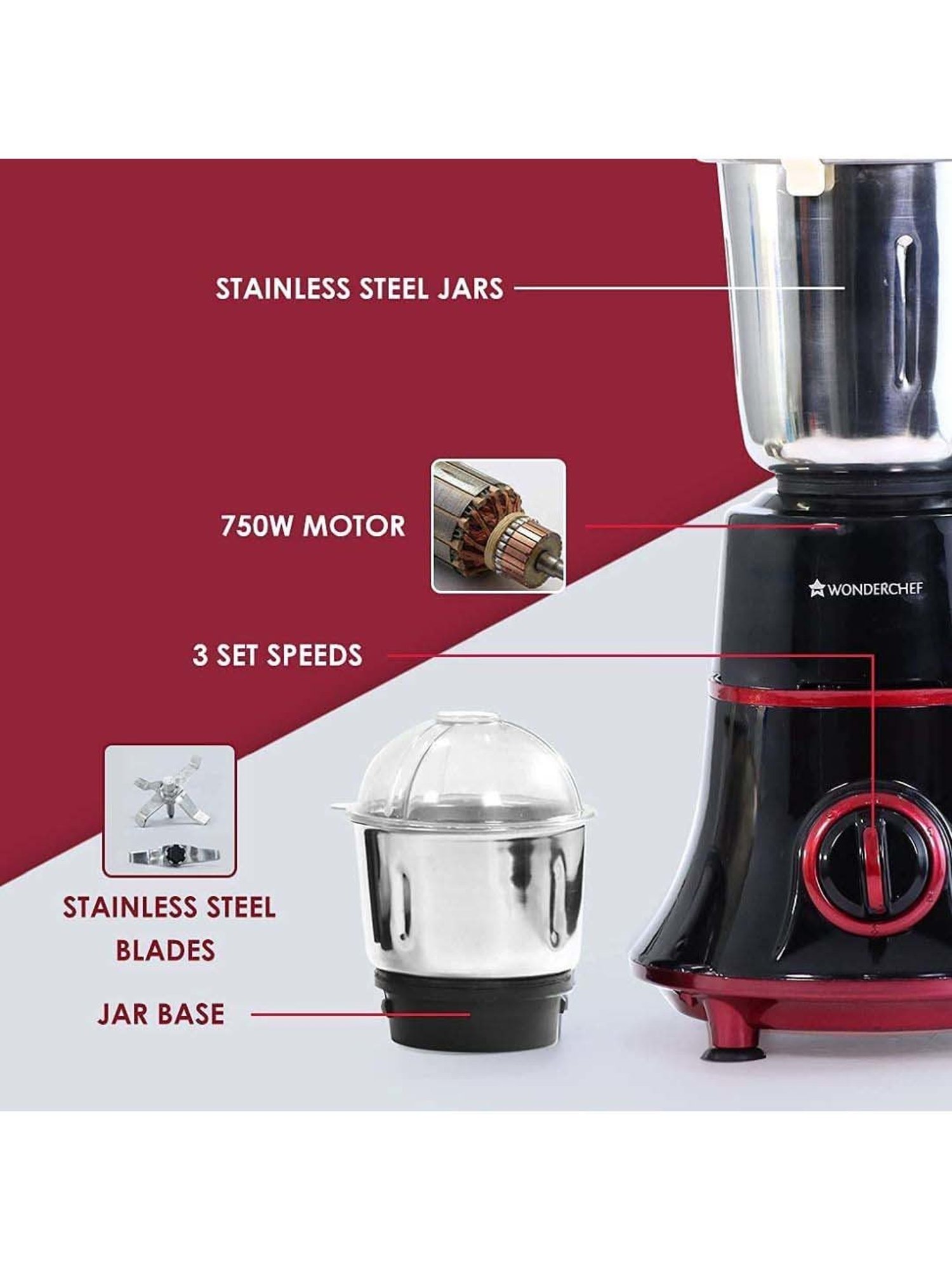 Wonderchef Glory 750W  Mixer Grinder with 4 Stainless Steel Jars & 5 Years Warranty (Black & Red)