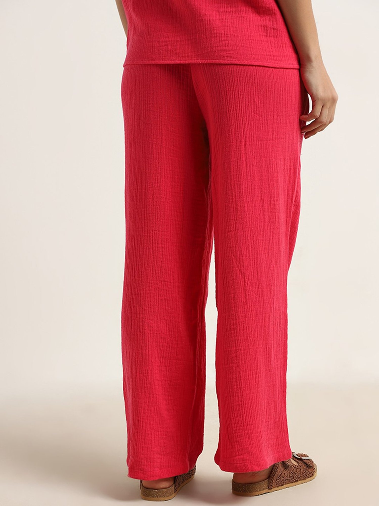 Wunderlove by Westside Magenta Textured Mid-Rise Cotton Beach Pants
