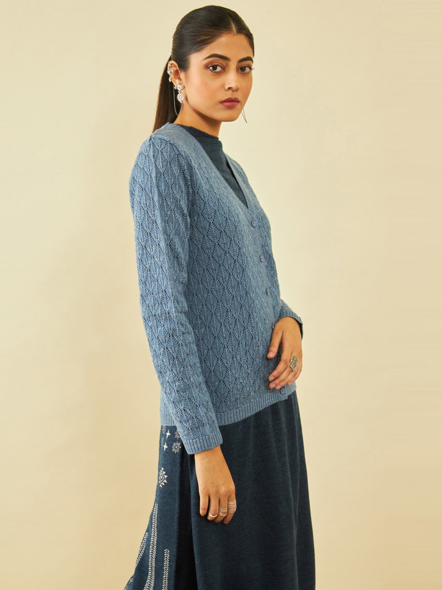 Soch Blue Acrylic Patterned Knit V-Neck Cardigan with Ribbed Hems