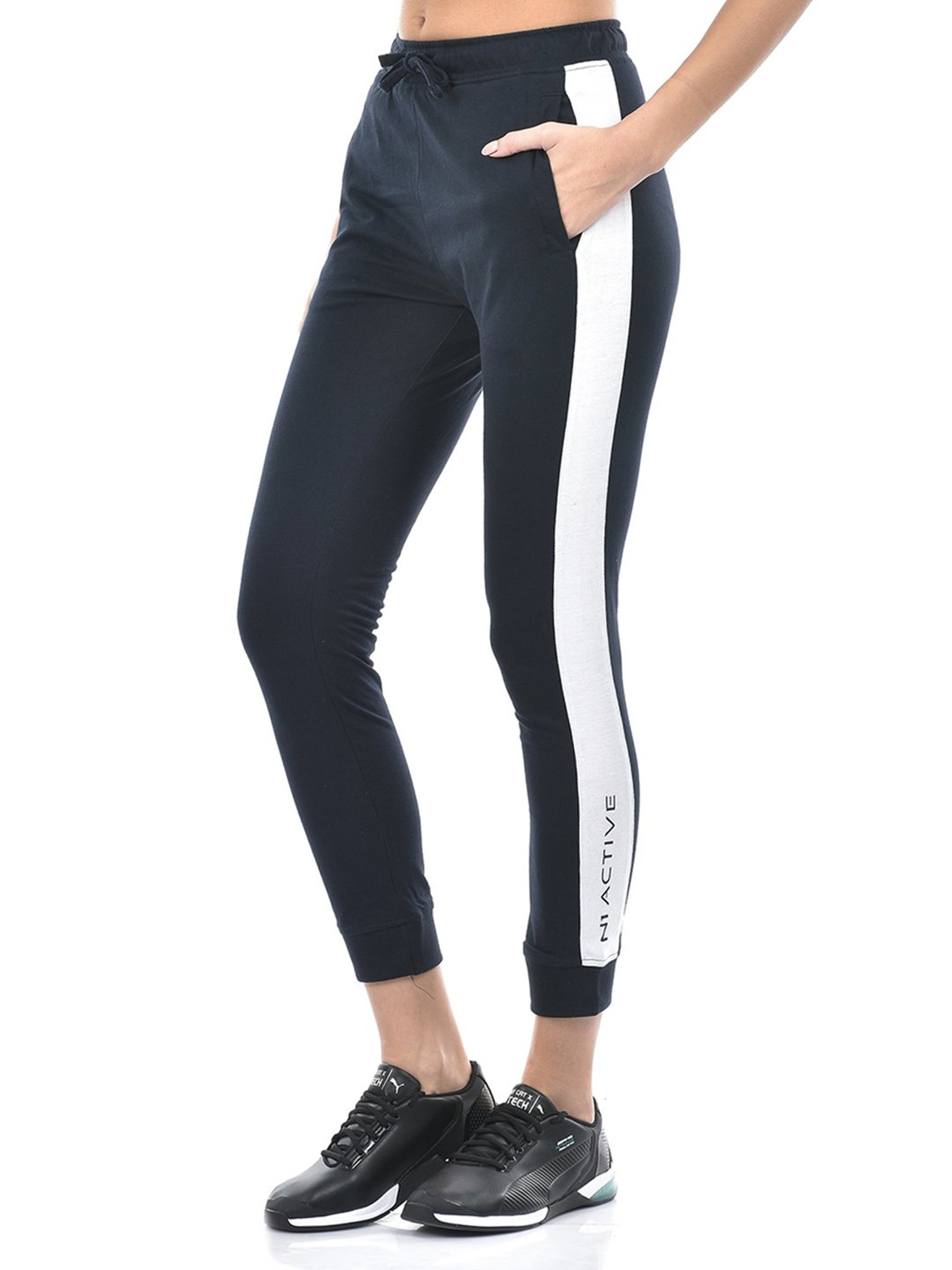 NUMERO UNO Navy Cotton Blend Slim Fit Mid Rise Joggers