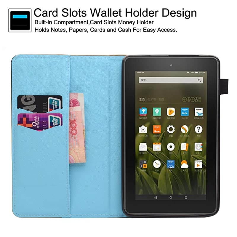 Case for  Kindle Fire 7 5th Generation 2015 Release Synthetic Leather Magnetic Closure Stand Cover with Card Slots for 2015 Fire 7 Display ONLY Blue Tree