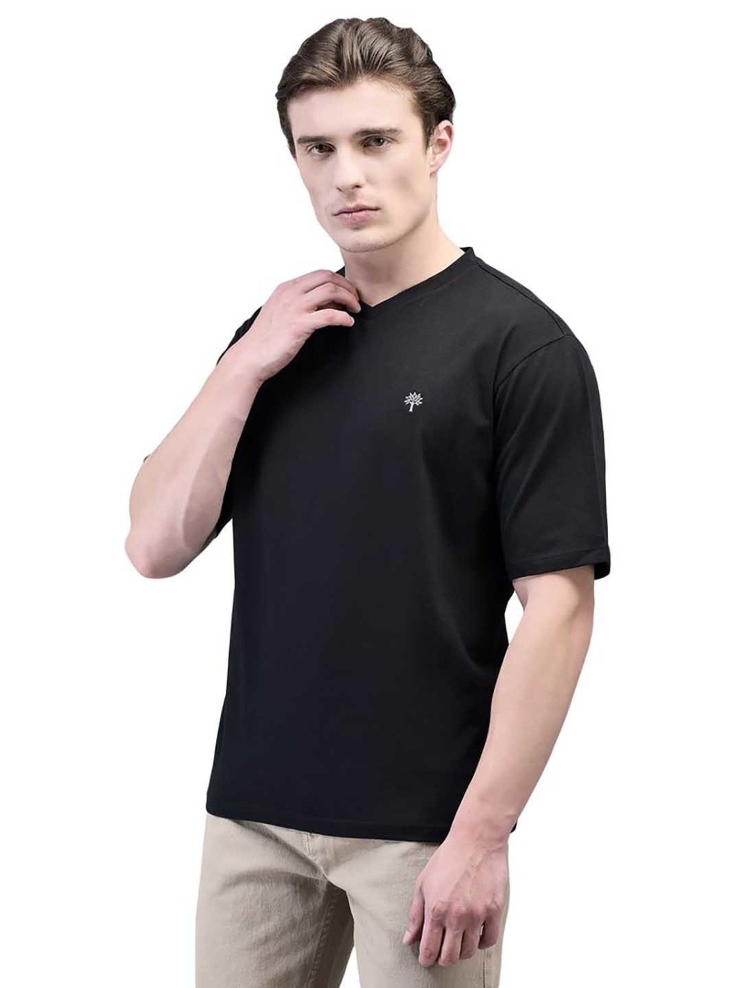 Woodland Black Regular Fit V Neck T-Shirt
