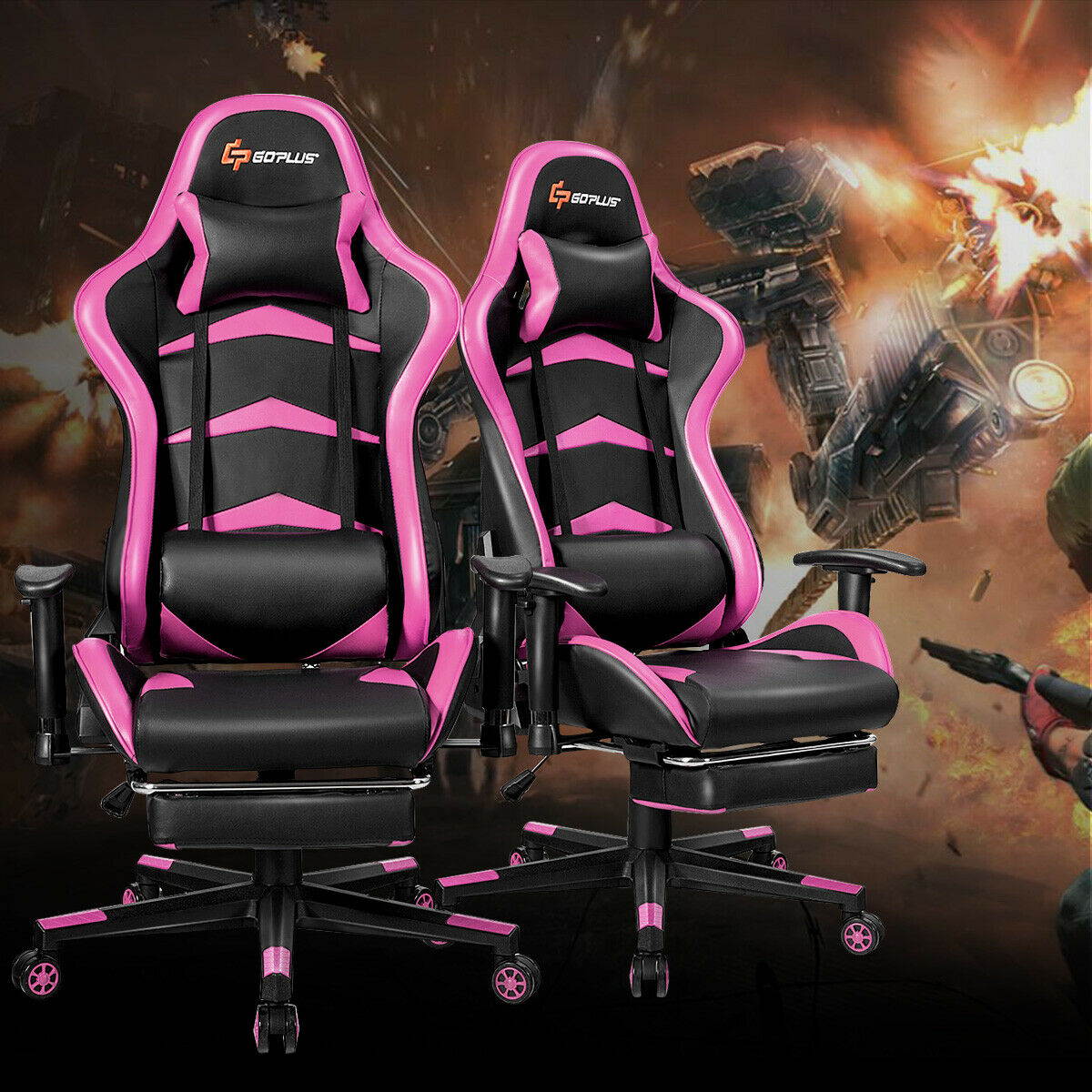 Massage Gaming Chair with Lumbar Support & Footrest-Pink