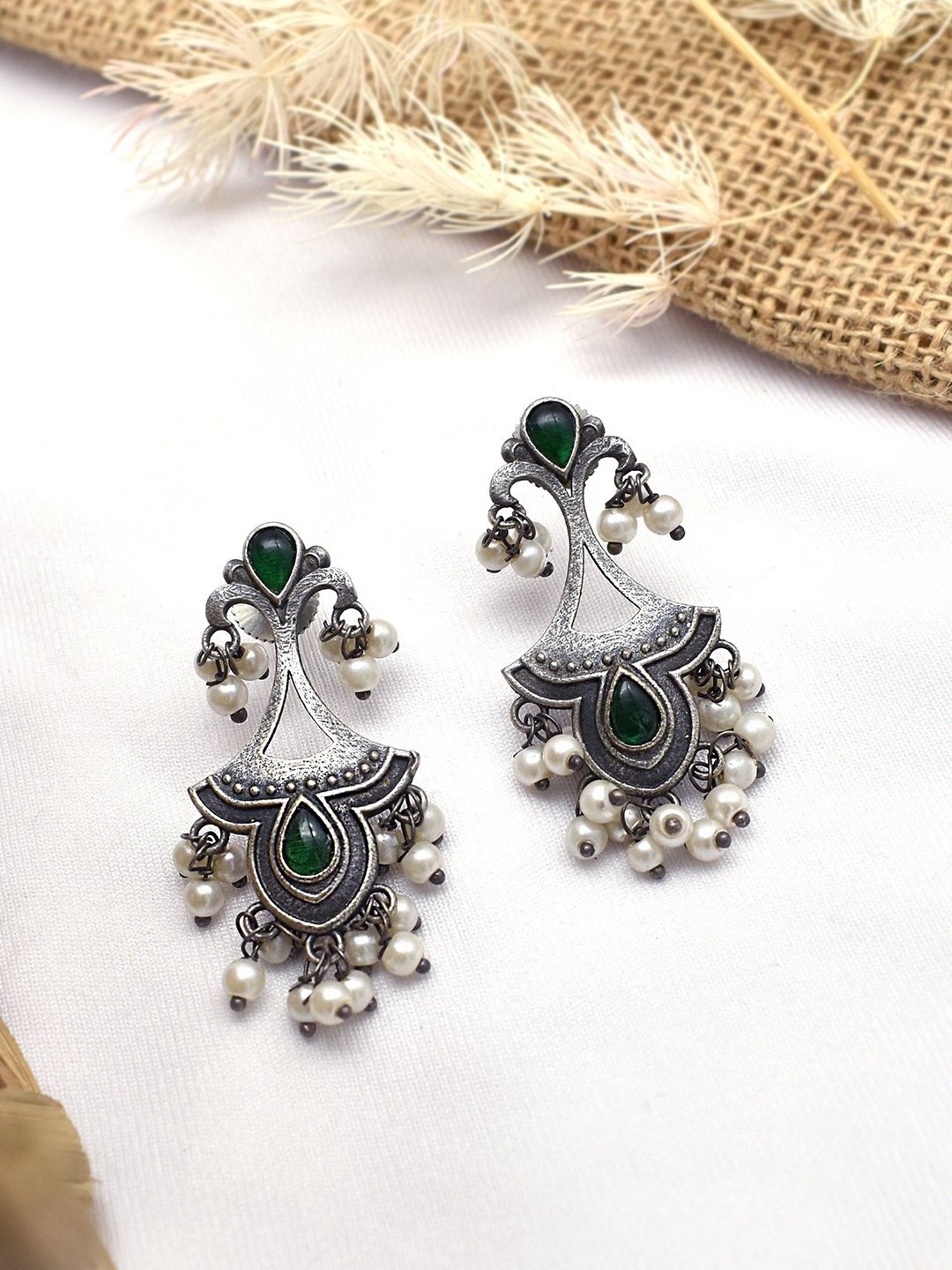 Teejh Ethnic Nilay Green Stone Silver Oxidized Dangler Earrings