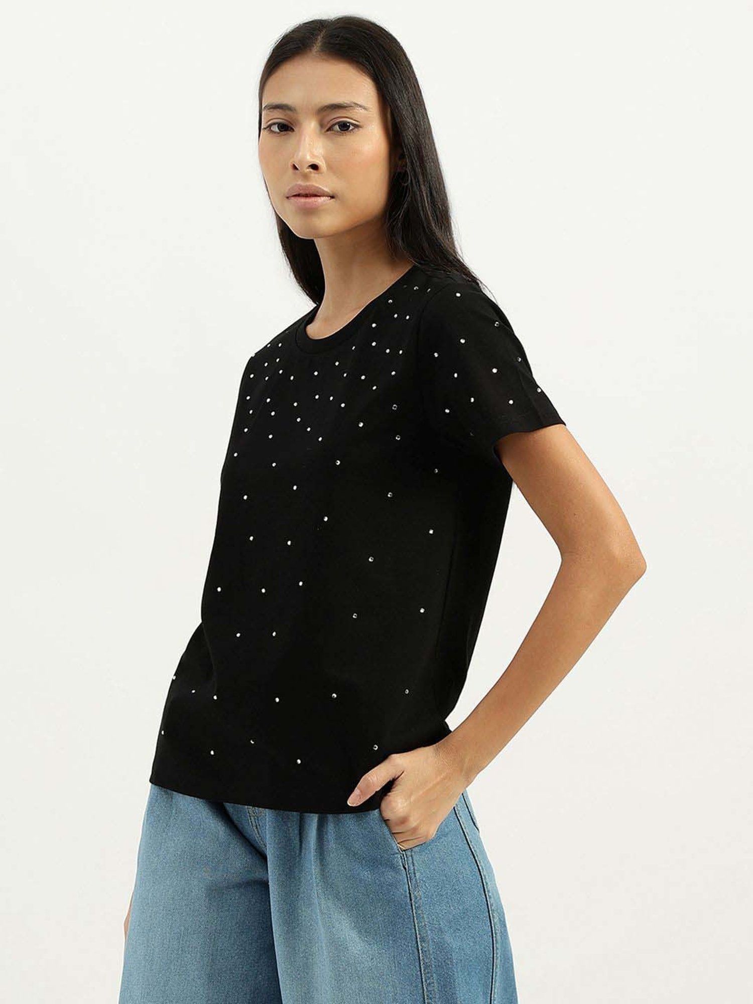 United Colors of Benetton Black Cotton Embellished T-Shirt