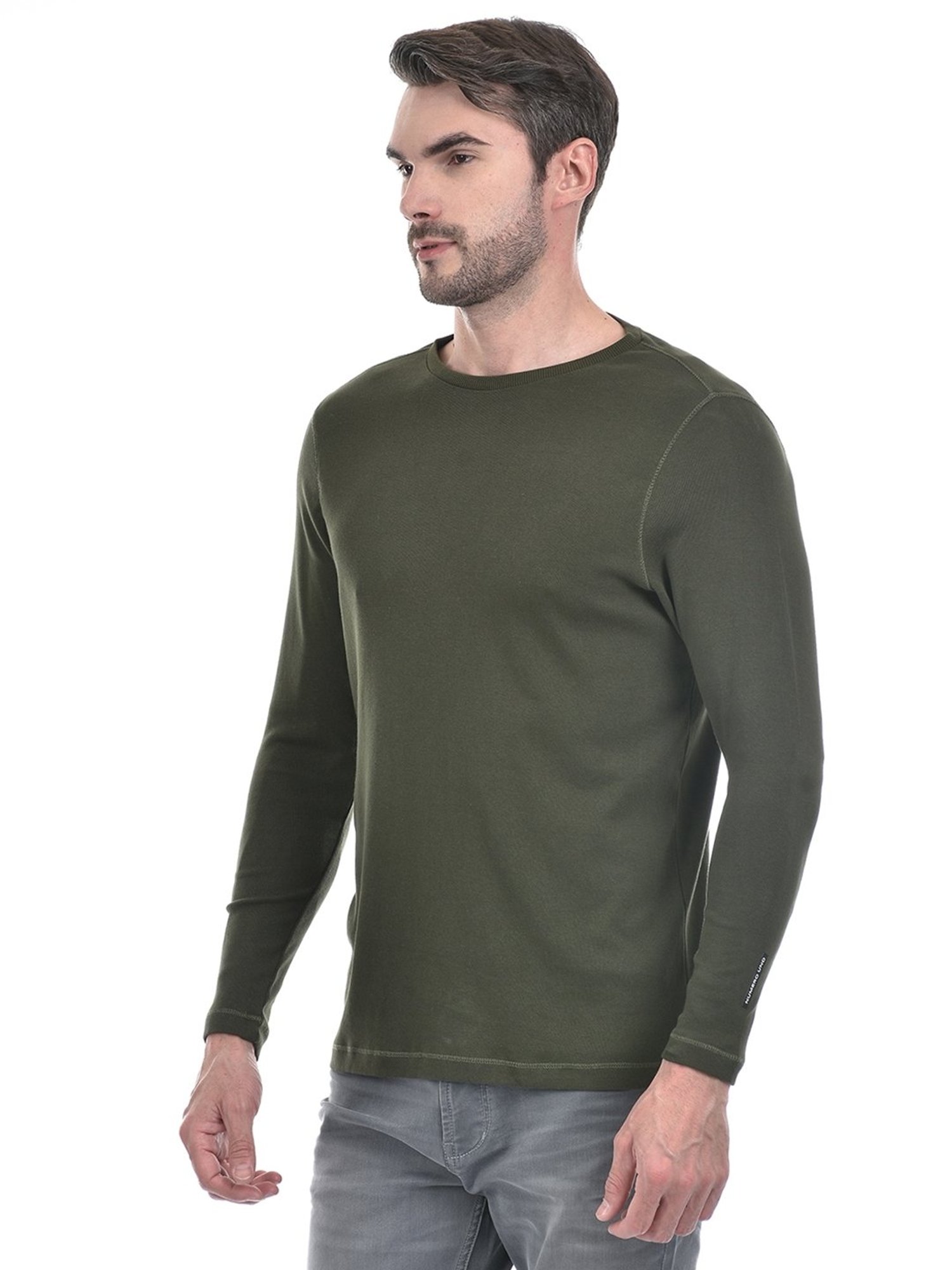 NUMERO UNO Olive Slim Fit Solid Round Neck Brushed Fleece T-Shirt