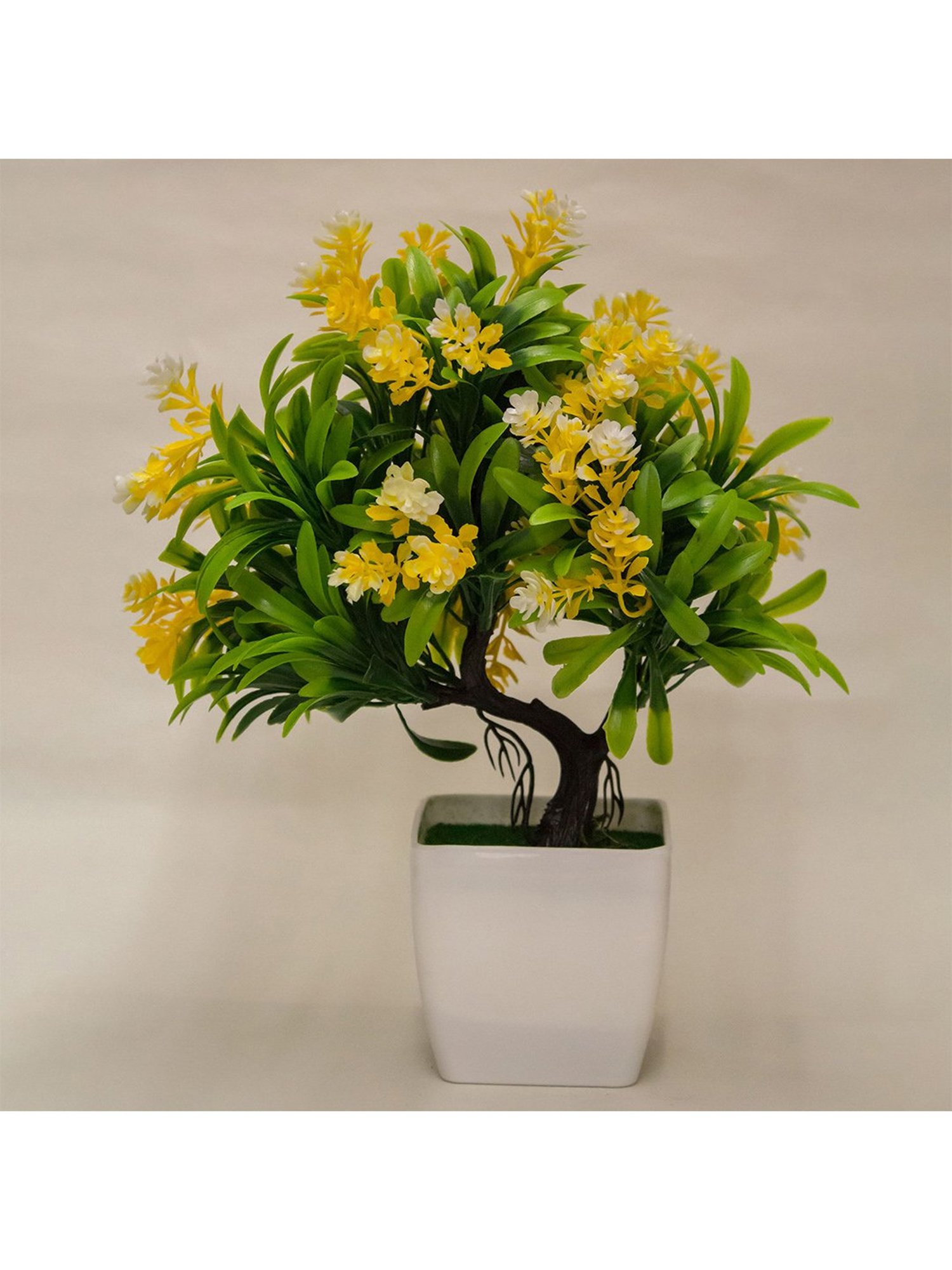 Amflix Yellow Artificial Bonsai Flower Plant With Pot